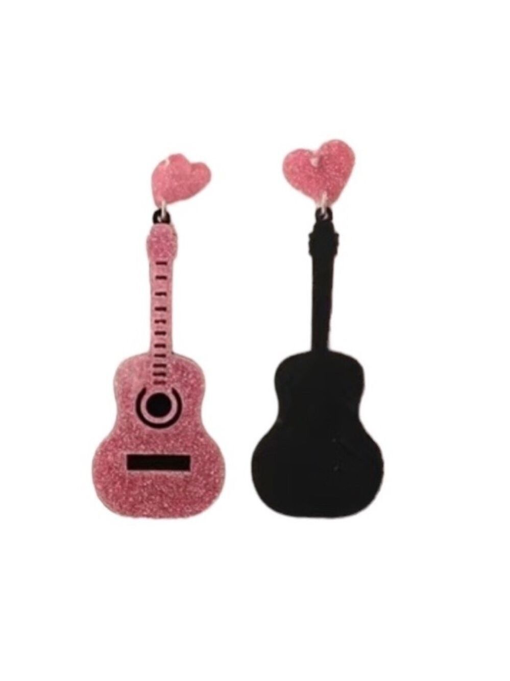 PINK Acrylic Guitar Pierced Bling Earrings - Picture 4 of 4
